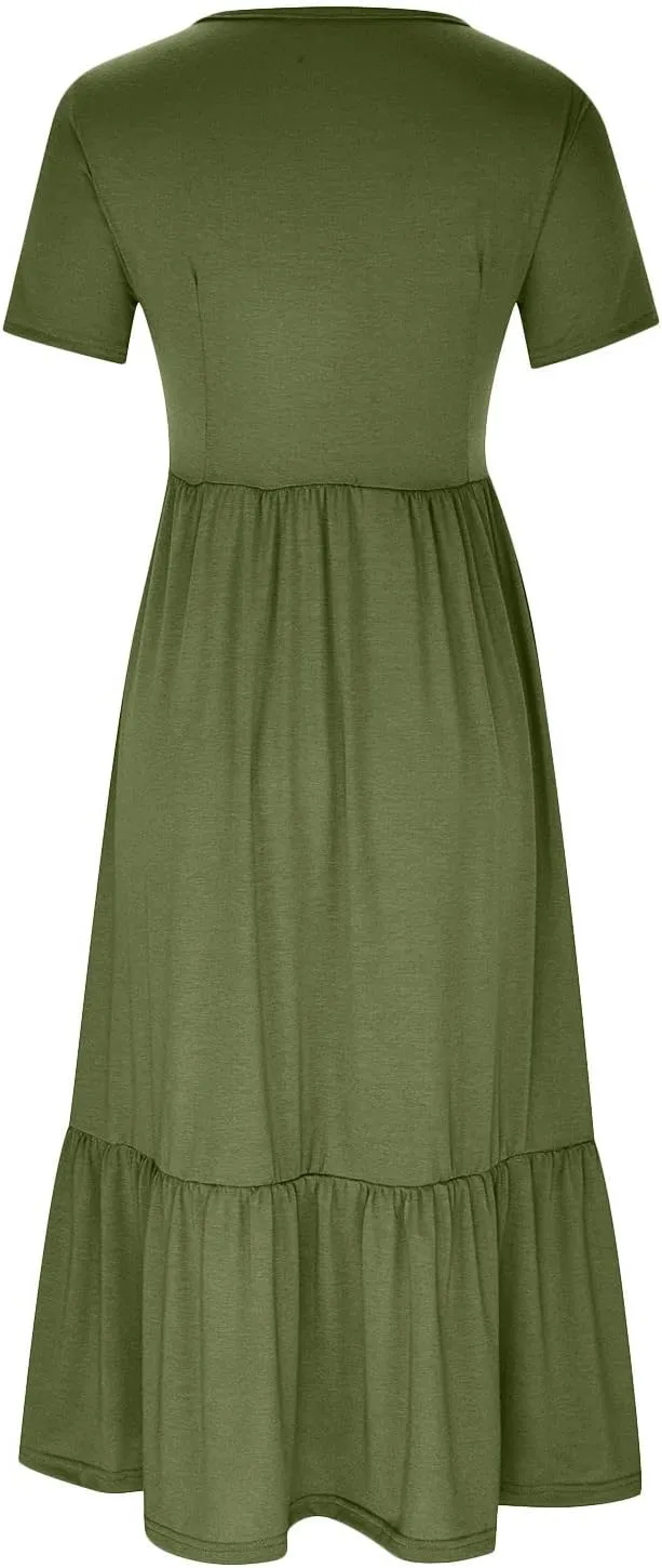 Women Summer Casual Maxi Dress Short Sleeve Crewneck A-line Dress Swing Ruffle Tiered Beach Sundress with Pockets