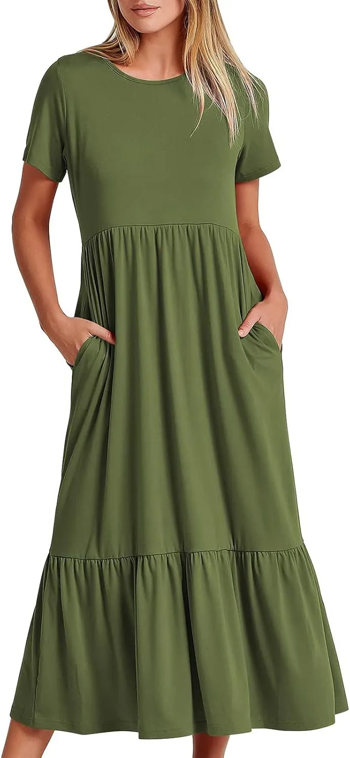 Women Summer Casual Maxi Dress Short Sleeve Crewneck A-line Dress Swing Ruffle Tiered Beach Sundress with Pockets