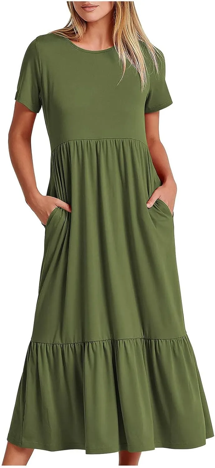Women Summer Casual Maxi Dress Short Sleeve Crewneck A-line Dress Swing Ruffle Tiered Beach Sundress with Pockets