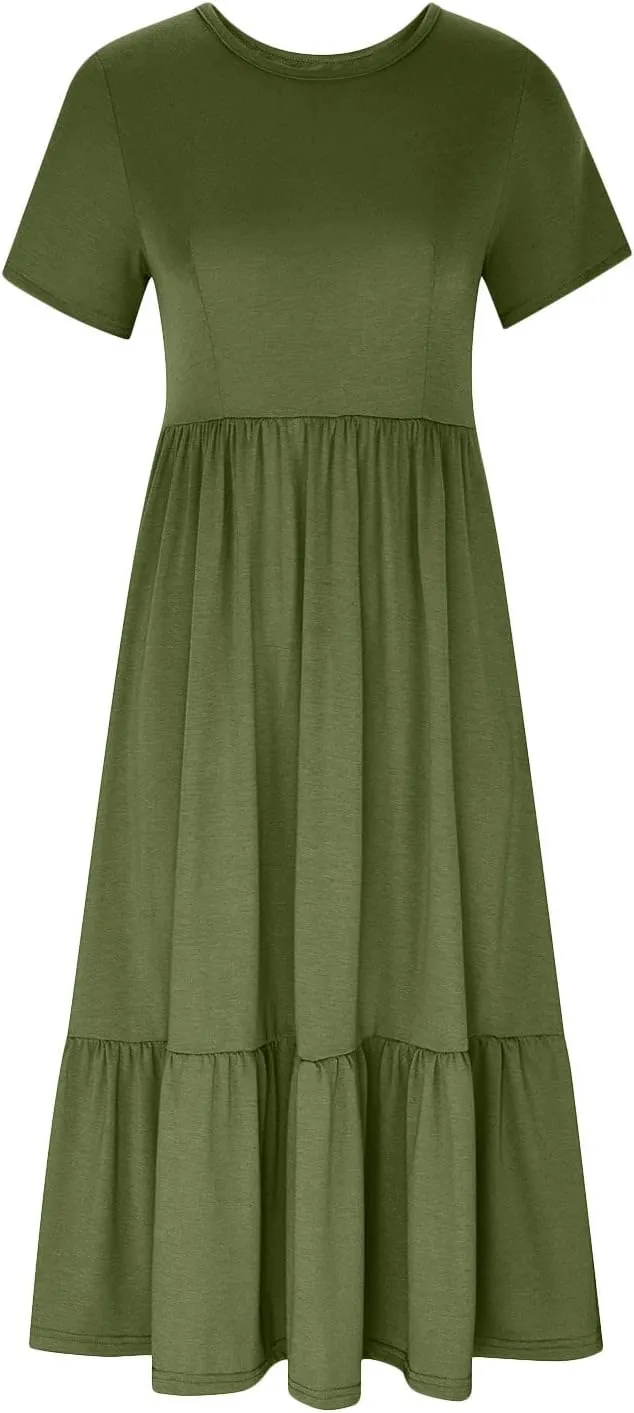 Women Summer Casual Maxi Dress Short Sleeve Crewneck A-line Dress Swing Ruffle Tiered Beach Sundress with Pockets