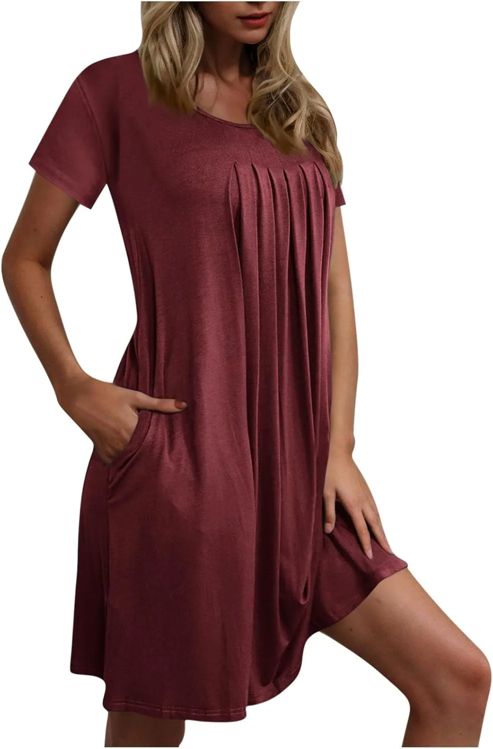 Women Summer T-Shirt Dresses Short Sleeve Pleated Front Swing A Line Dress Short Sleeve Causal Beach Vacation Dresses