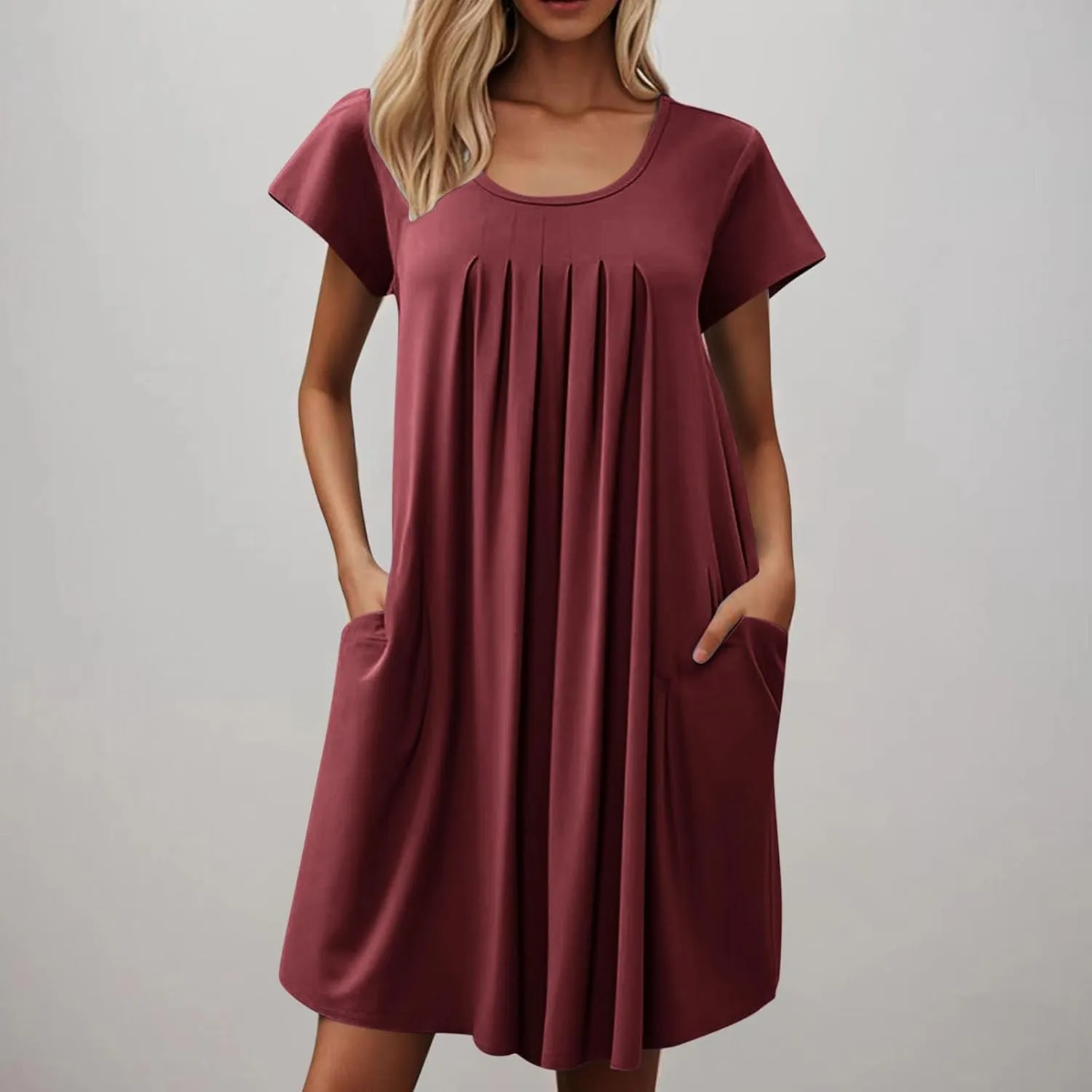 Women Summer T-Shirt Dresses Short Sleeve Pleated Front Swing A Line Dress Short Sleeve Causal Beach Vacation Dresses