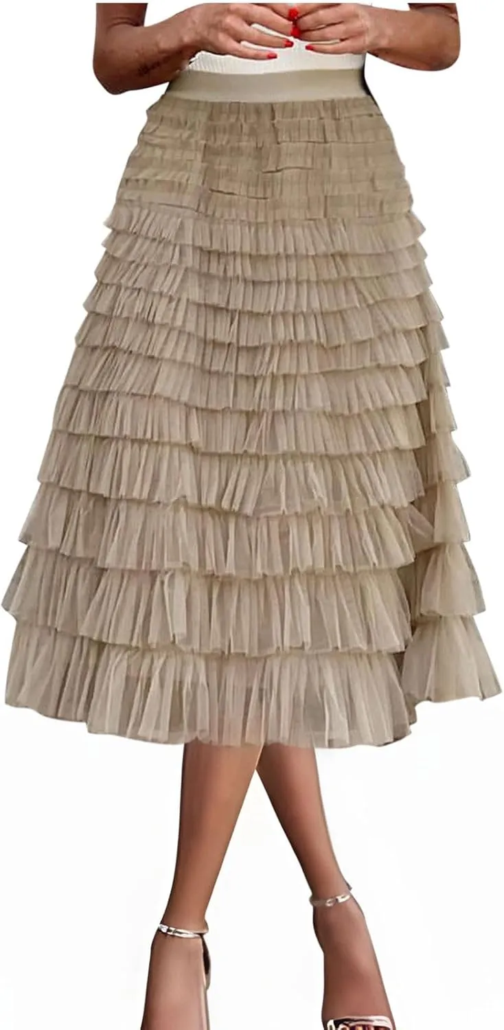 Women Tiered Layered Ruffle Skirts High Waist Elegant Midi Length Skirt Cute A Line Cake Skirts fir Ladies