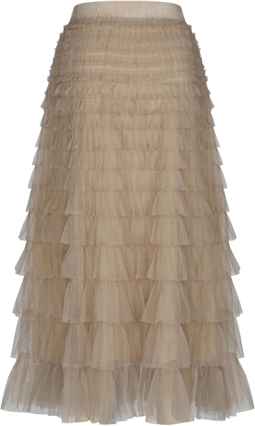 Women Tiered Layered Ruffle Skirts High Waist Elegant Midi Length Skirt Cute A Line Cake Skirts fir Ladies