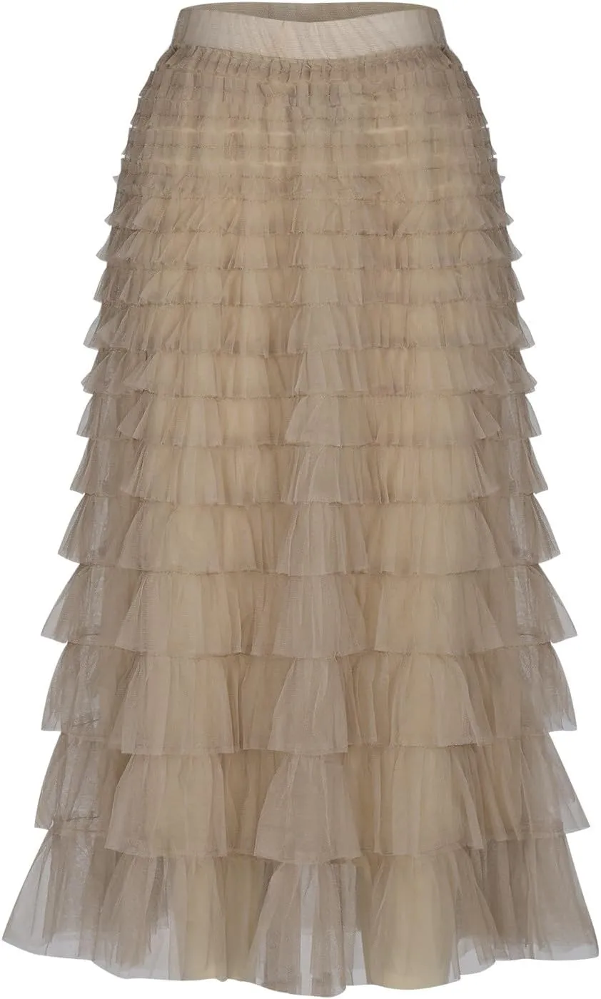 Women Tiered Layered Ruffle Skirts High Waist Elegant Midi Length Skirt Cute A Line Cake Skirts fir Ladies