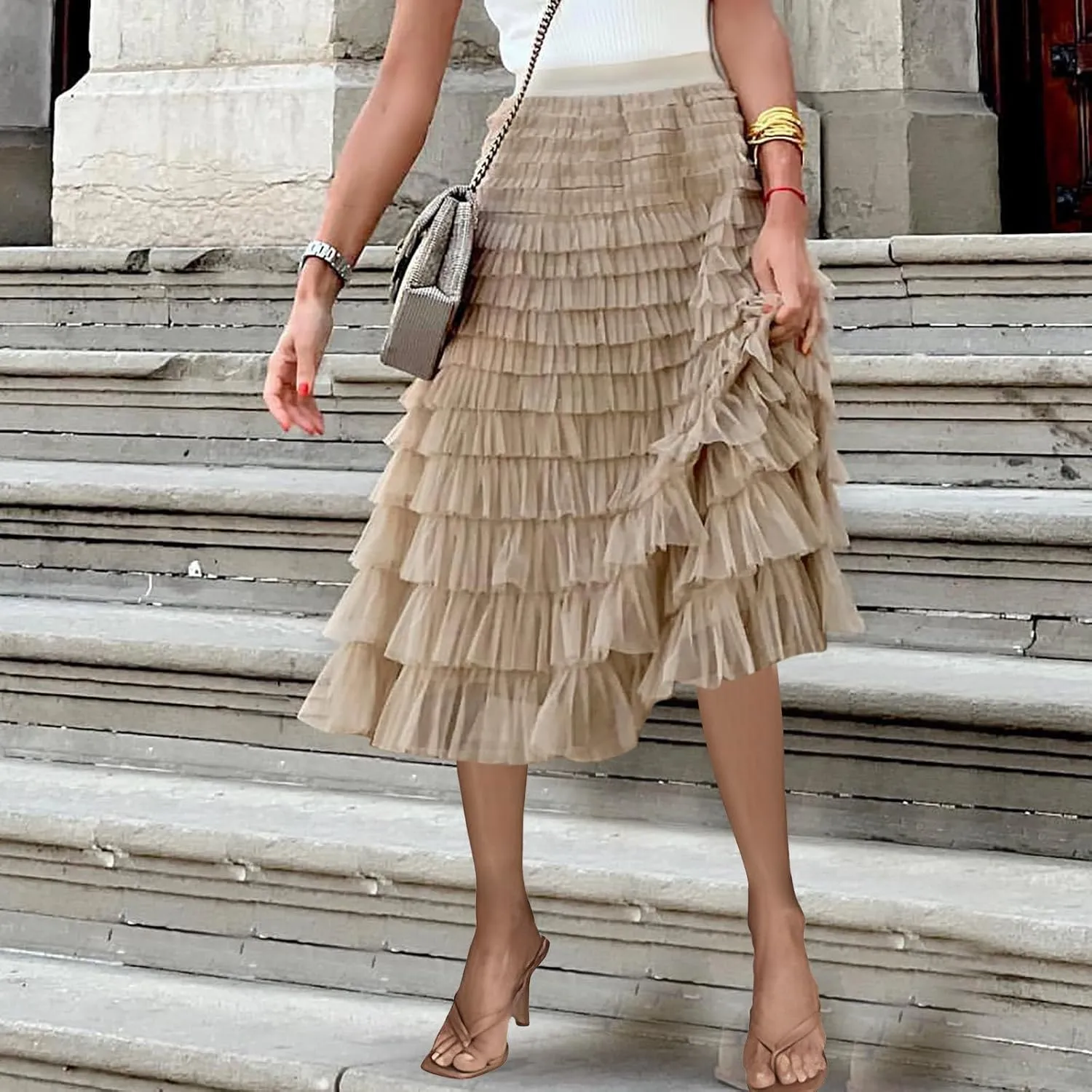 Women Tiered Layered Ruffle Skirts High Waist Elegant Midi Length Skirt Cute A Line Cake Skirts fir Ladies