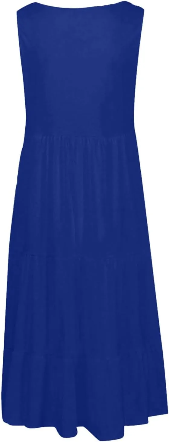 Women's 2025 Summer Lace Strap Sleeveless Square Neck Smocked High Waist Ruffle Hollow Out Flowy A Line Maxi Dress