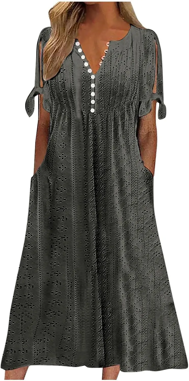 Womens Boho Eyelet Summer Dresses Embroidery Short Sleeve Maxi Dress Loose Beach Vacation Long Dress with Pockets