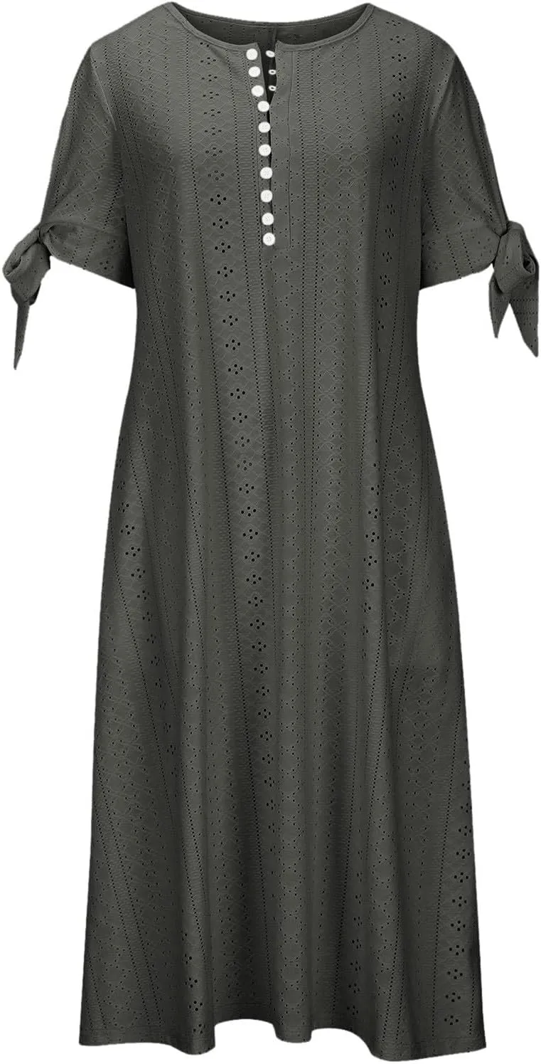 Womens Boho Eyelet Summer Dresses Embroidery Short Sleeve Maxi Dress Loose Beach Vacation Long Dress with Pockets
