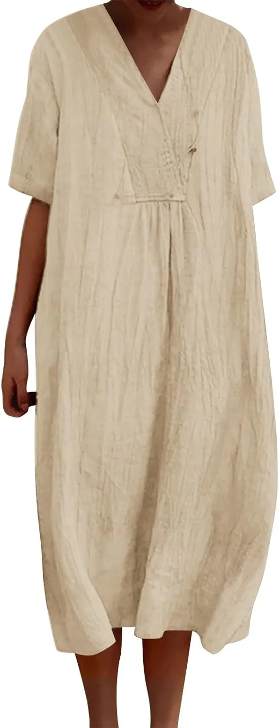 Womens Boho Maxi Dresses 2024 Summer V Neck Short Sleeve Linen Long Dress Loose Plus Size Solid Color Boho Dress