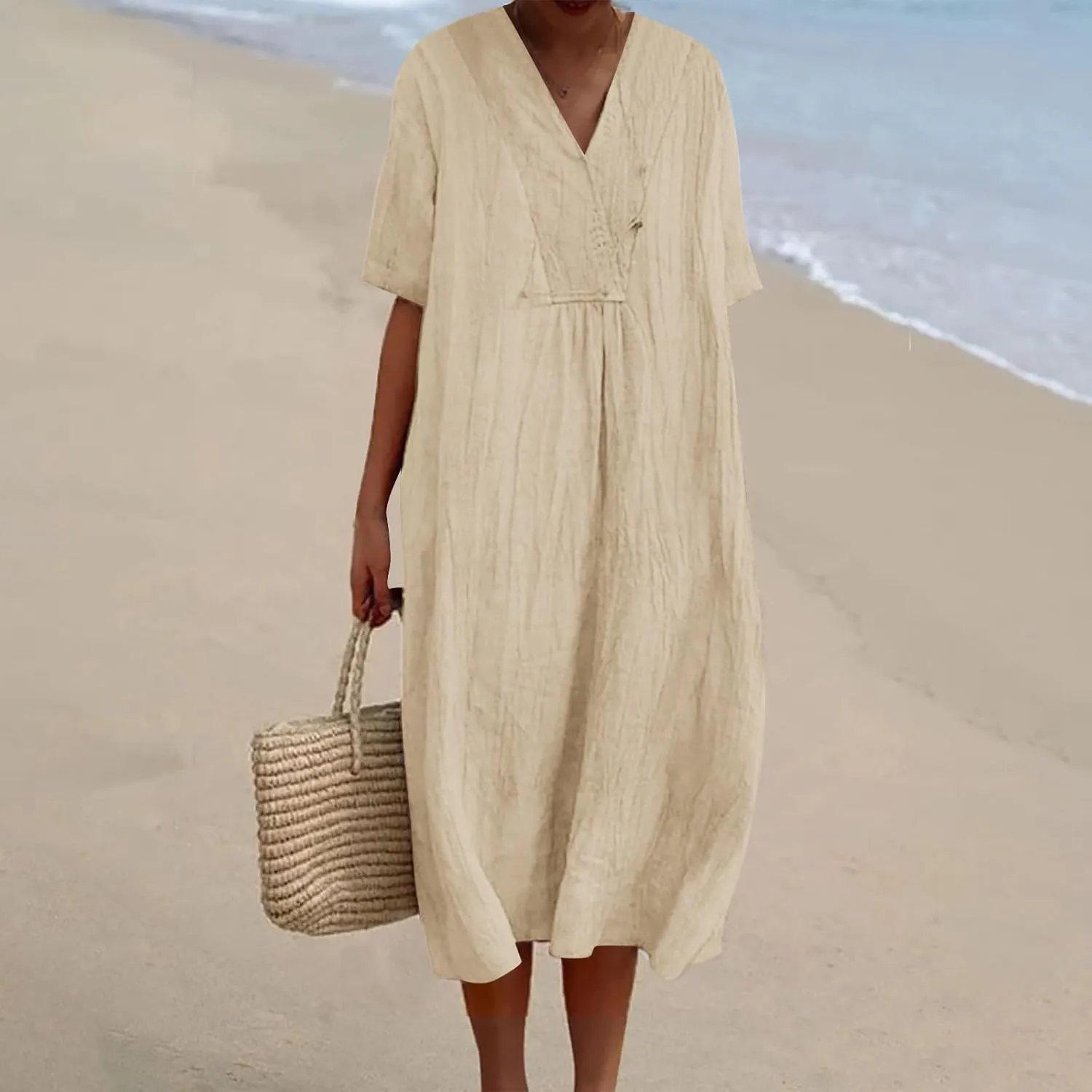 Womens Boho Maxi Dresses 2024 Summer V Neck Short Sleeve Linen Long Dress Loose Plus Size Solid Color Boho Dress