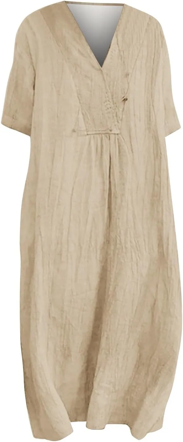 Womens Boho Maxi Dresses 2024 Summer V Neck Short Sleeve Linen Long Dress Loose Plus Size Solid Color Boho Dress