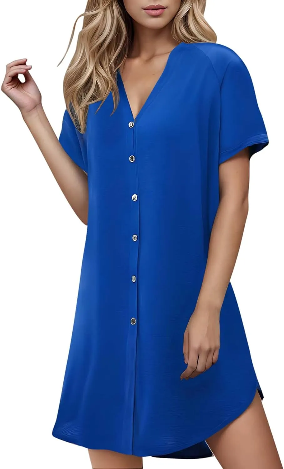 Womens Button Down Shirt Dress Short Sleeve Loose Tunic Dresses V-Neck Mini Dress Causal Nightgown Beach Sundresses