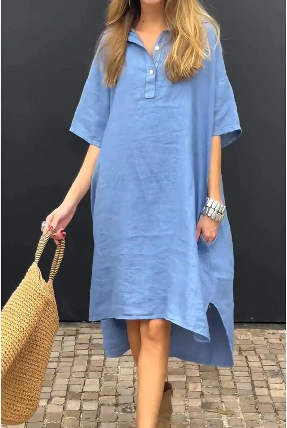 Womens Casual Loose Cotton Linen Long Shirt Dress Lapel Button Cuffed Sleeve Side Split Dresses with Pockets