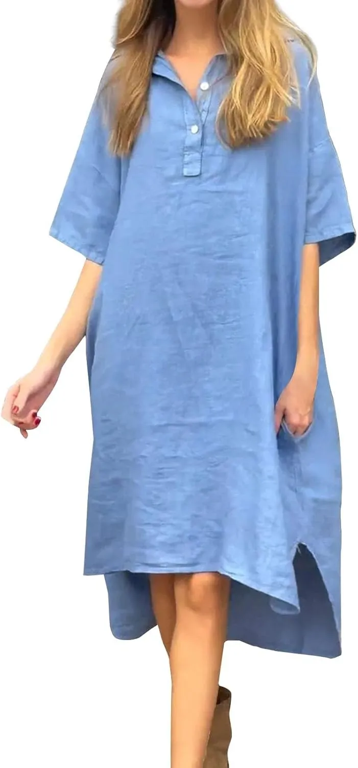 Womens Casual Loose Cotton Linen Long Shirt Dress Lapel Button Cuffed Sleeve Side Split Dresses with Pockets