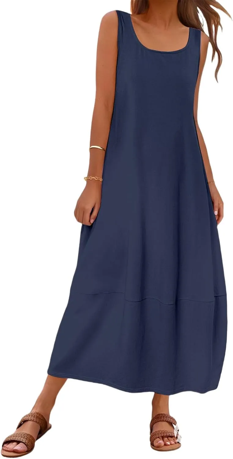 Womens Casual Maxi Sundresses Sleeveless Midi Dress Swing Tank Sundress Loose Fit Tank Dress