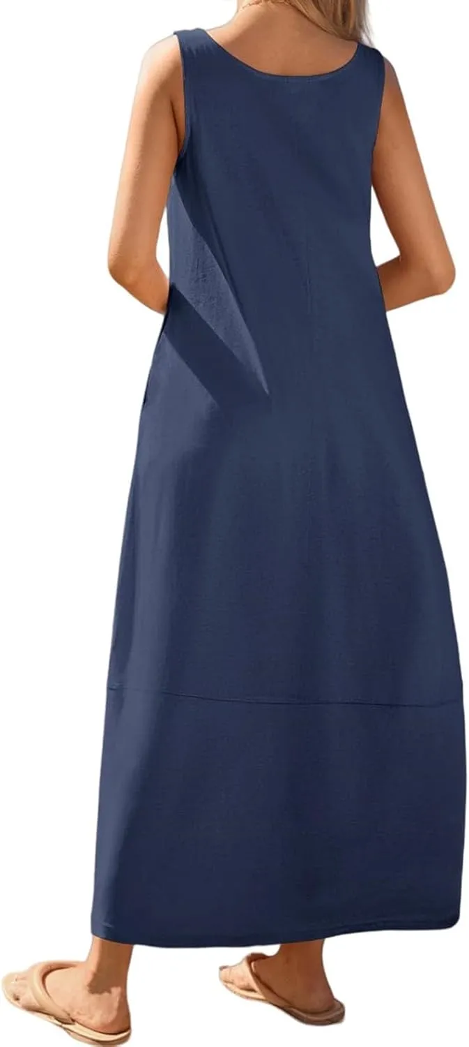 Womens Casual Maxi Sundresses Sleeveless Midi Dress Swing Tank Sundress Loose Fit Tank Dress