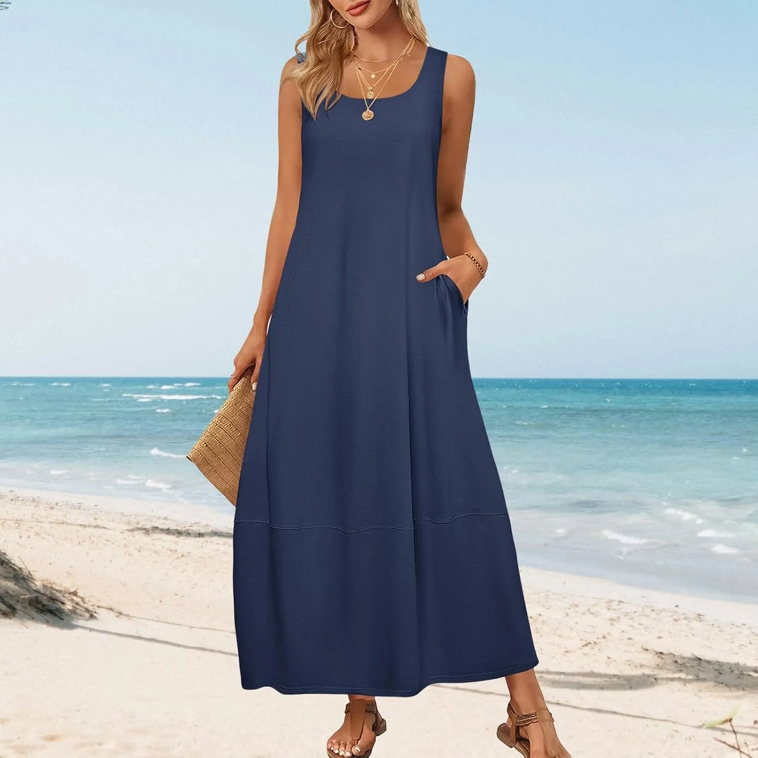 Womens Casual Maxi Sundresses Sleeveless Midi Dress Swing Tank Sundress Loose Fit Tank Dress