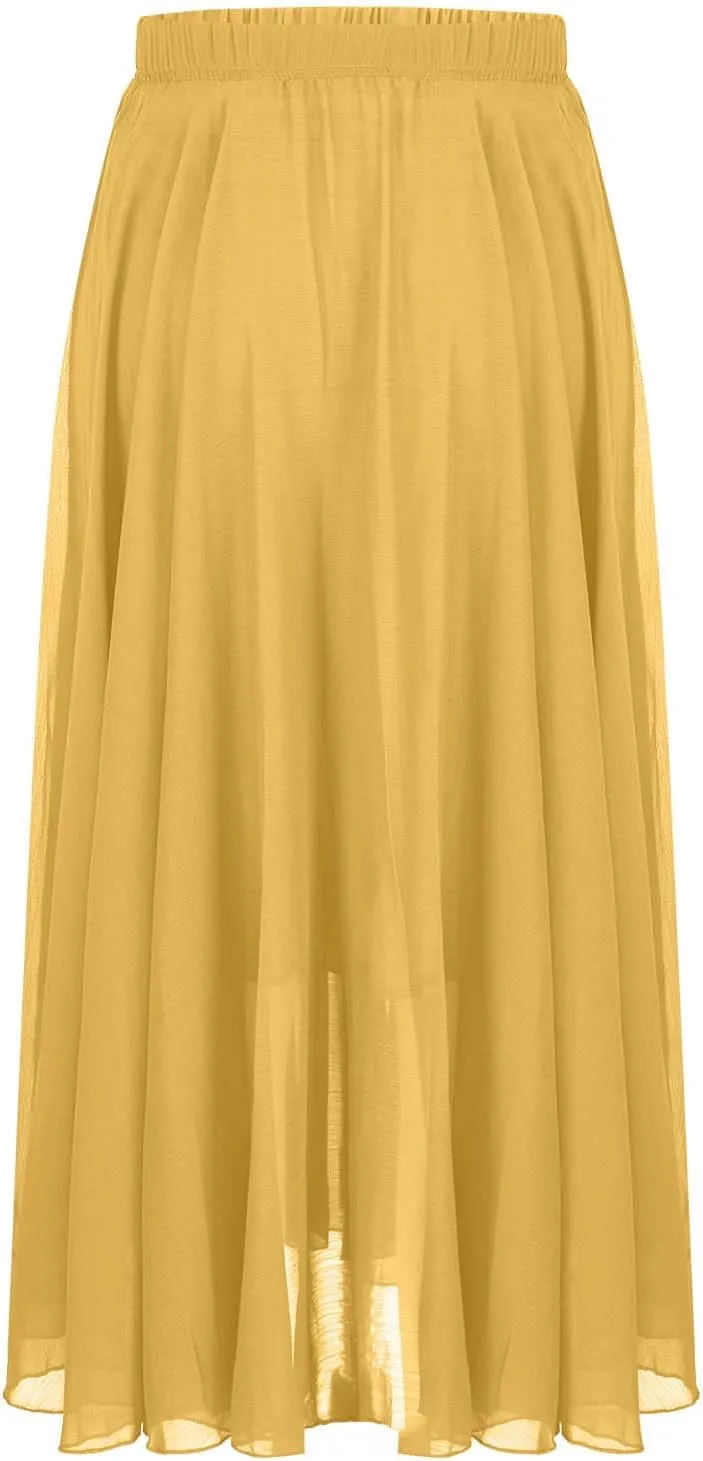 Women's Chiffon Elastic High Waist Pleated A-Line Flared Maxi Skirts Flowy Swing Beach Vacation Long Skirt