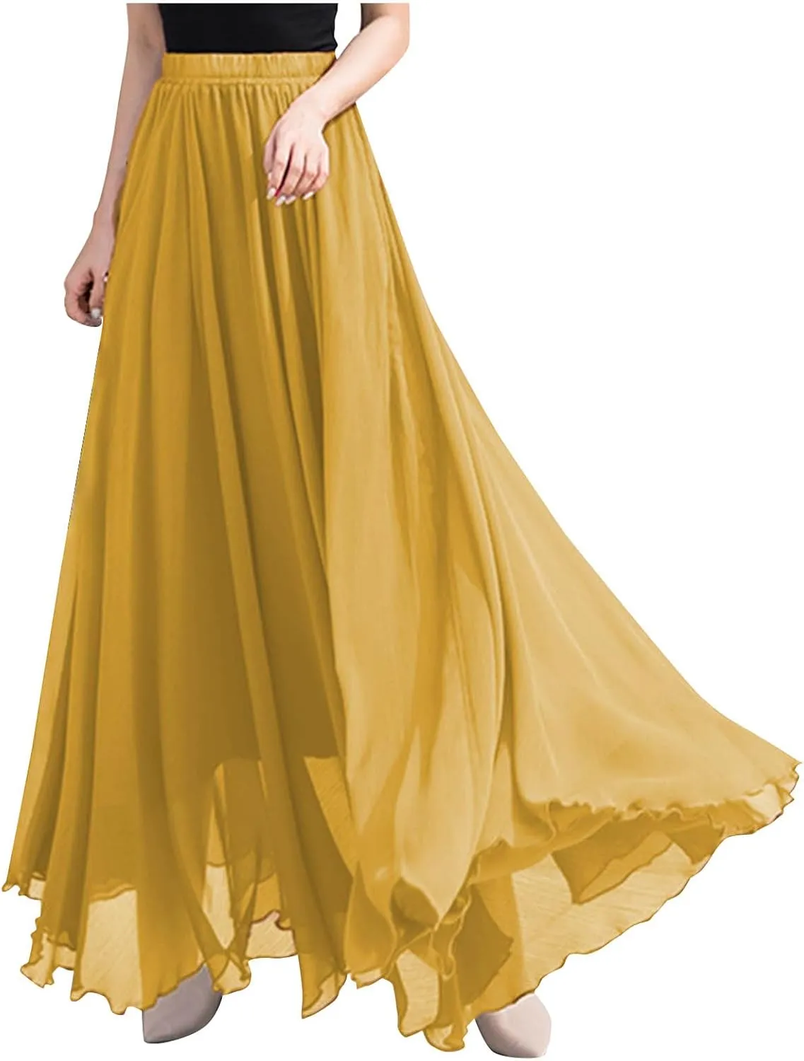 Women's Chiffon Elastic High Waist Pleated A-Line Flared Maxi Skirts Flowy Swing Beach Vacation Long Skirt
