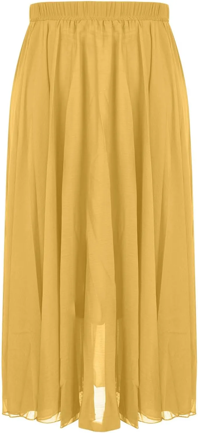 Women's Chiffon Elastic High Waist Pleated A-Line Flared Maxi Skirts Flowy Swing Beach Vacation Long Skirt