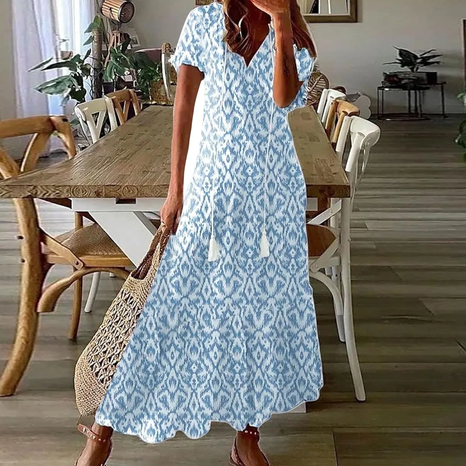 Womens Floral Maxi Dresses Casual Long Summer Boho 3/4 Sleeve Casual A-Line Dress Frill Trim V Neck Maxi Sundress