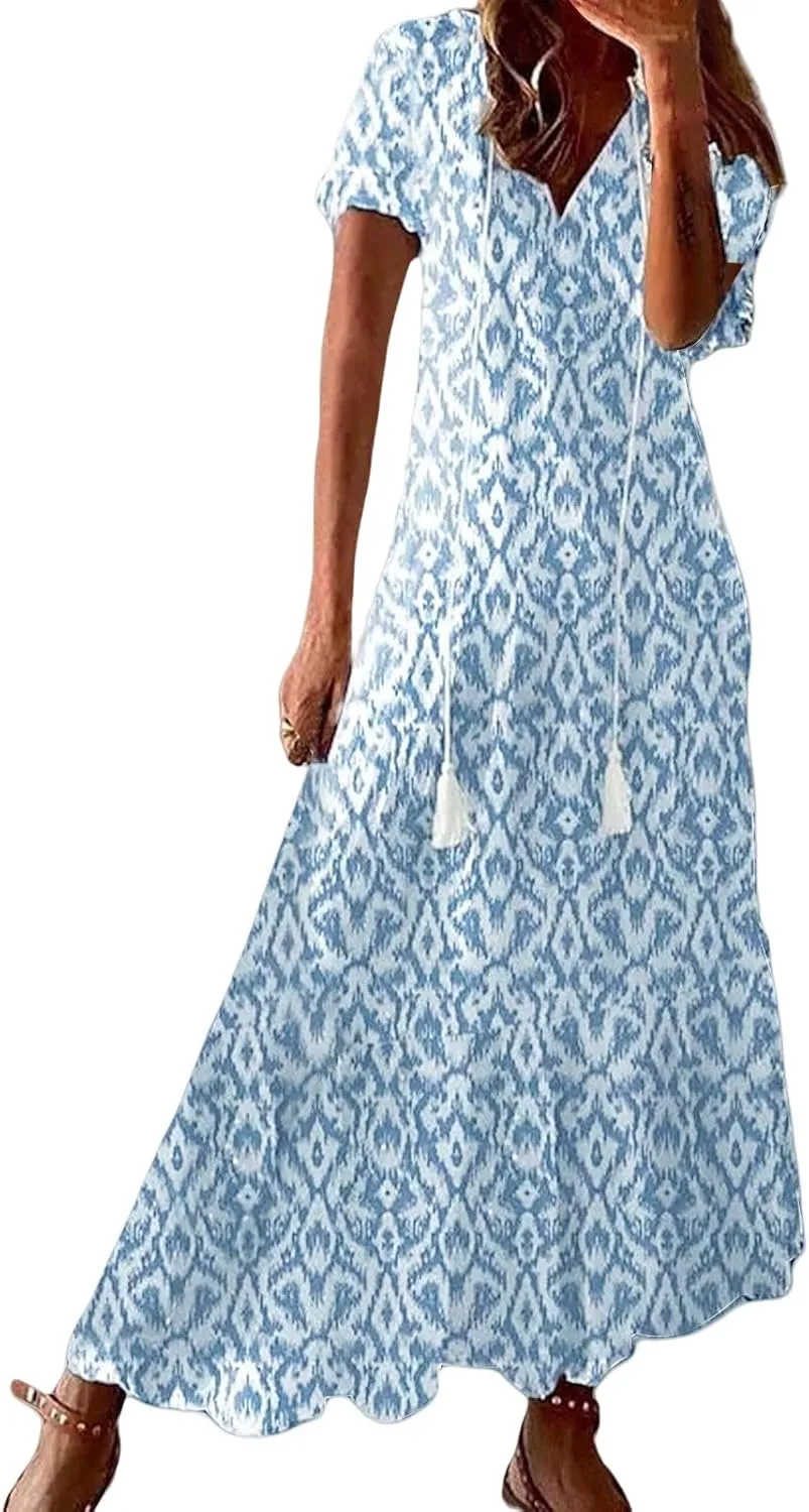 Womens Floral Maxi Dresses Casual Long Summer Boho 3/4 Sleeve Casual A-Line Dress Frill Trim V Neck Maxi Sundress