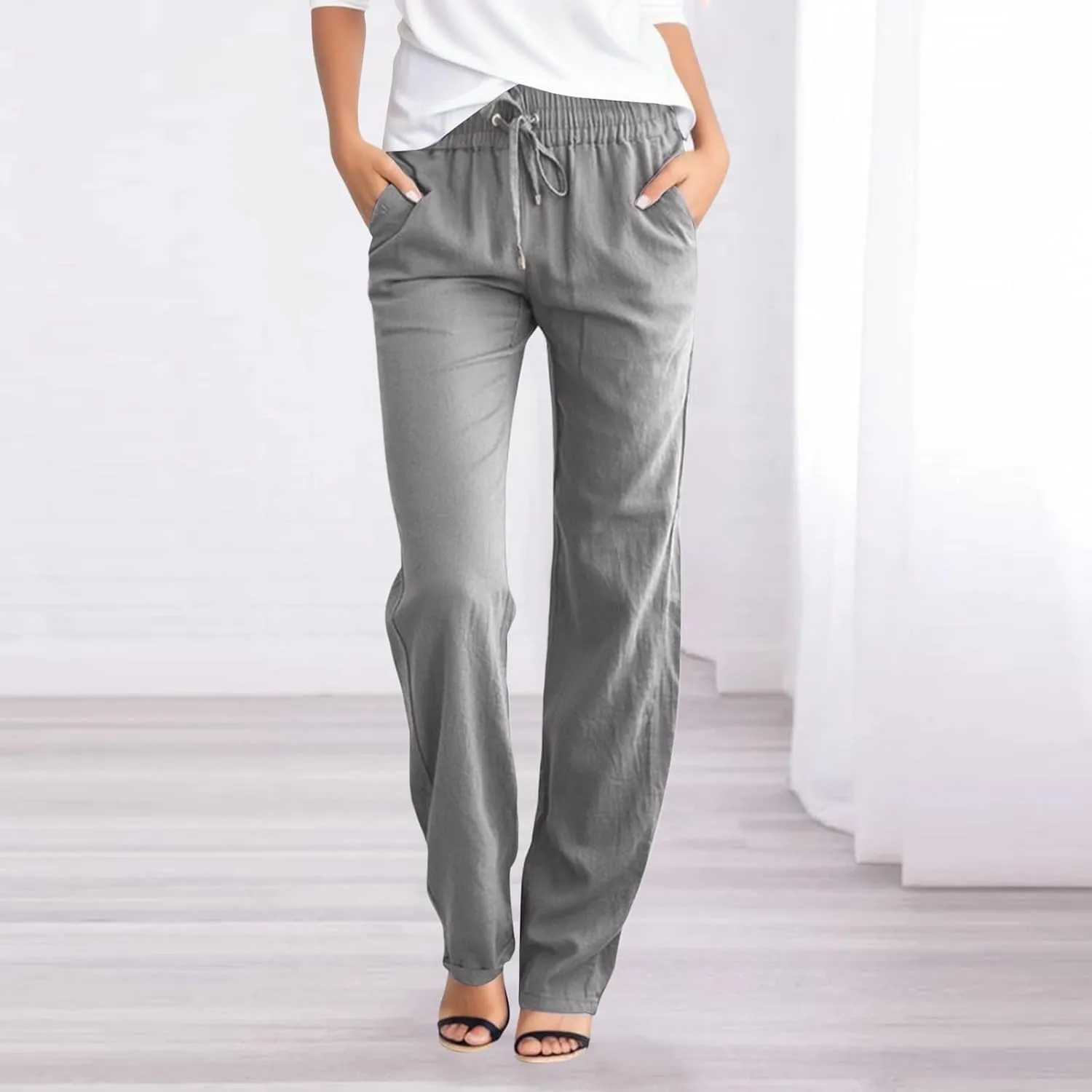 Women's Linen Pant Straight Leg Drawstrings High Waist Trousers Summer Casual Lightweight Breathable Long Pants