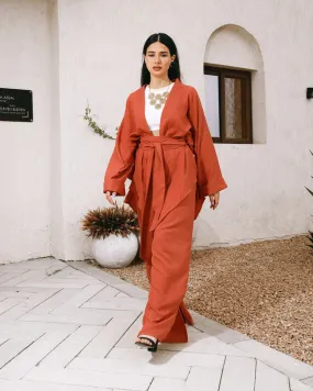 Women's Linen V-Cut Cardigan Set - Dark Orange, Stylish & Comfortable, Made in Egypt