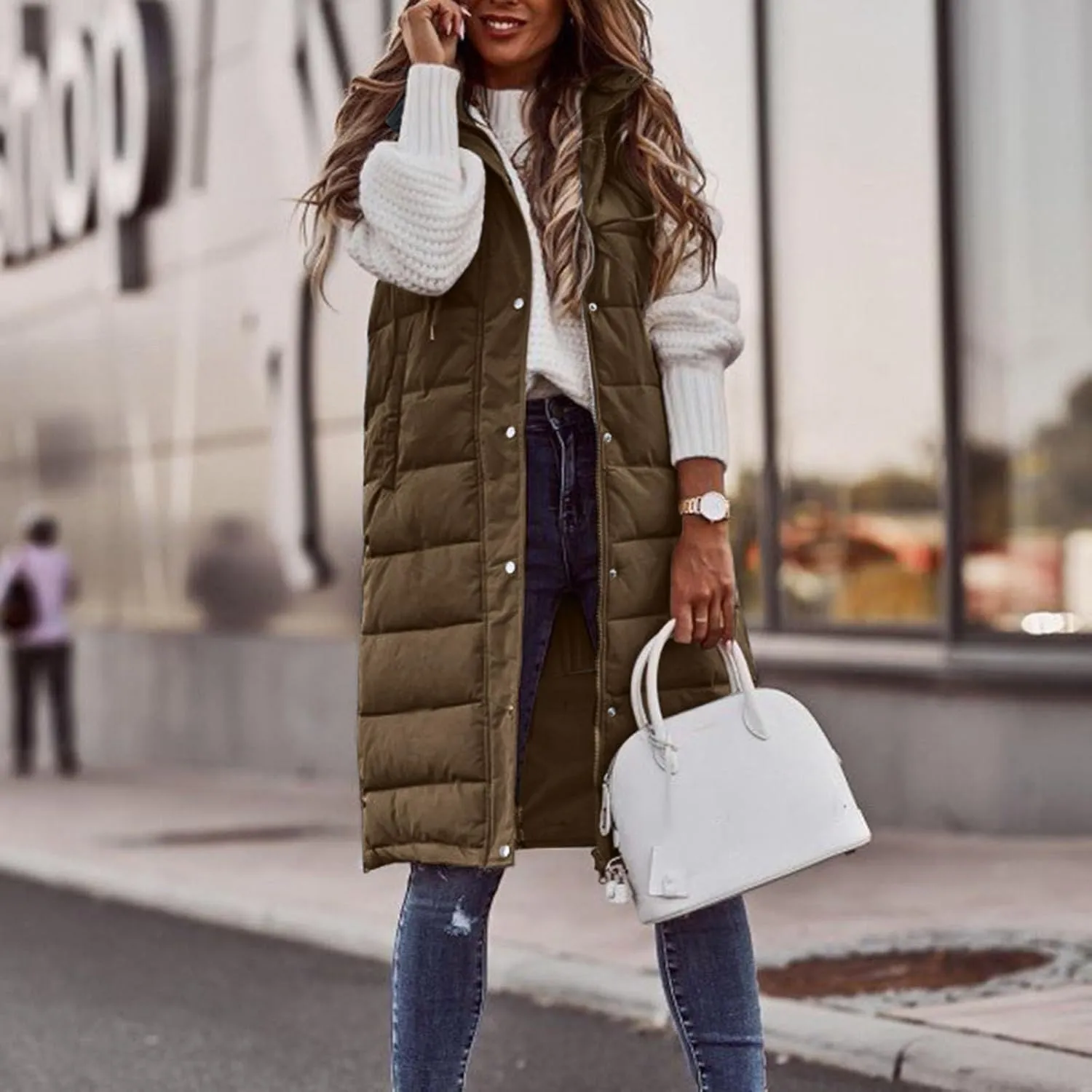 Womens Long Puffer Jacket Loose Breathable Sleeveless Down Coat Vest Temperament Padded Outwear Winter Warm Clothes