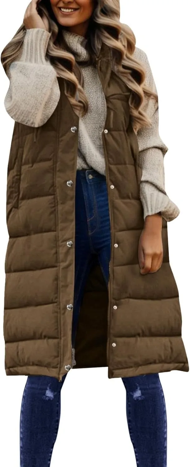 Womens Long Puffer Jacket Loose Breathable Sleeveless Down Coat Vest Temperament Padded Outwear Winter Warm Clothes