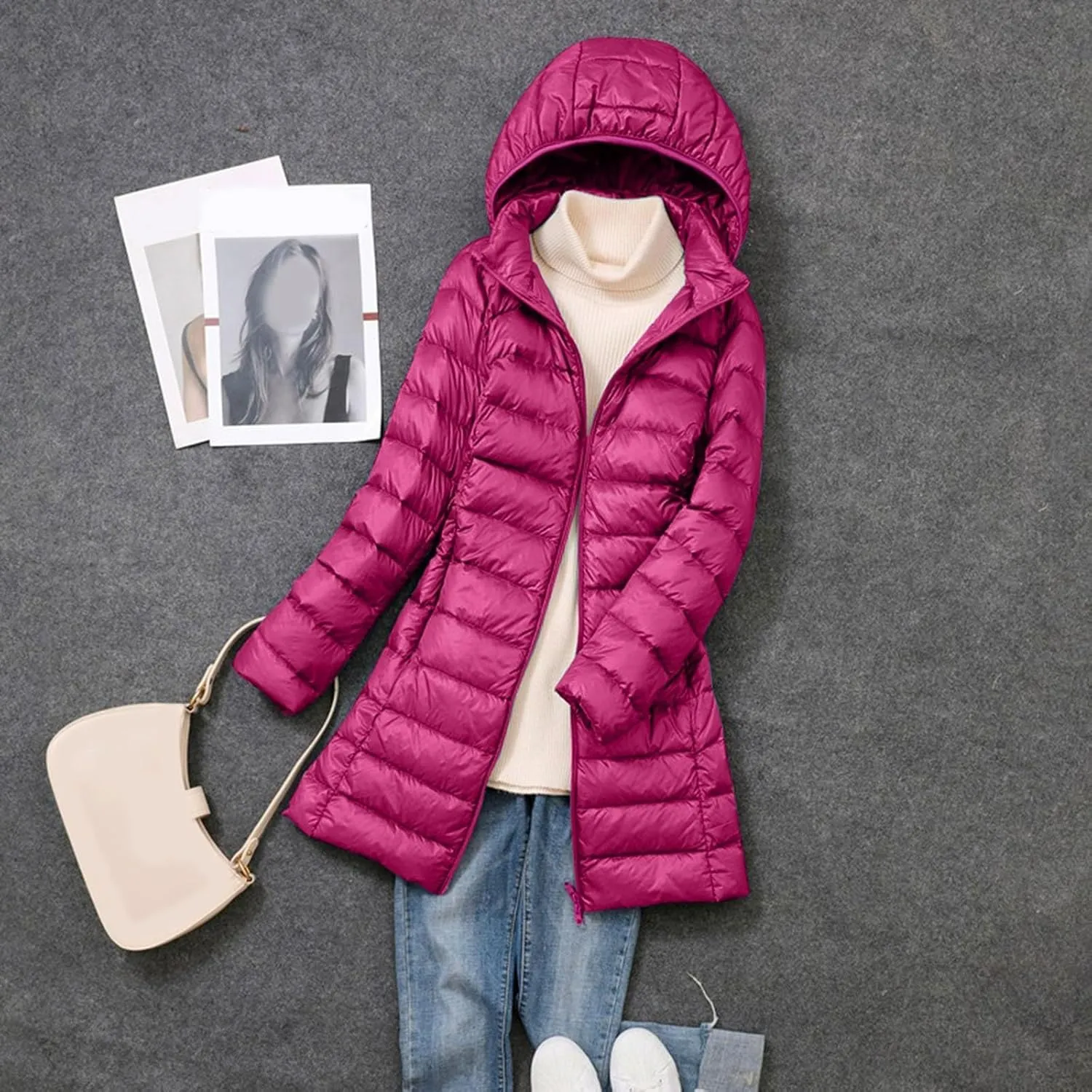 Women's Long Winter Faux Fur Coat Puffer Warm Jacket with Detachable Hood Packable Hooded Down Jacket Ultra Light