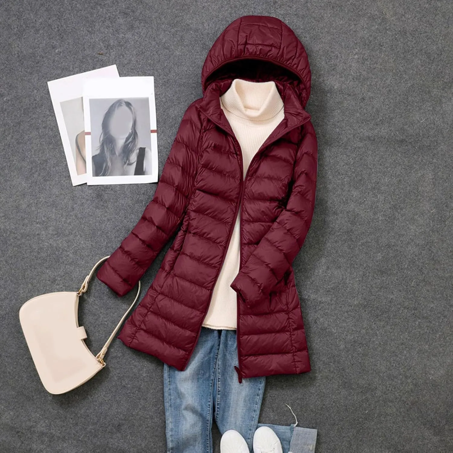 Women's Long Winter Faux Fur Coat Puffer Warm Jacket with Detachable Hood Packable Hooded Down Jacket Ultra Light