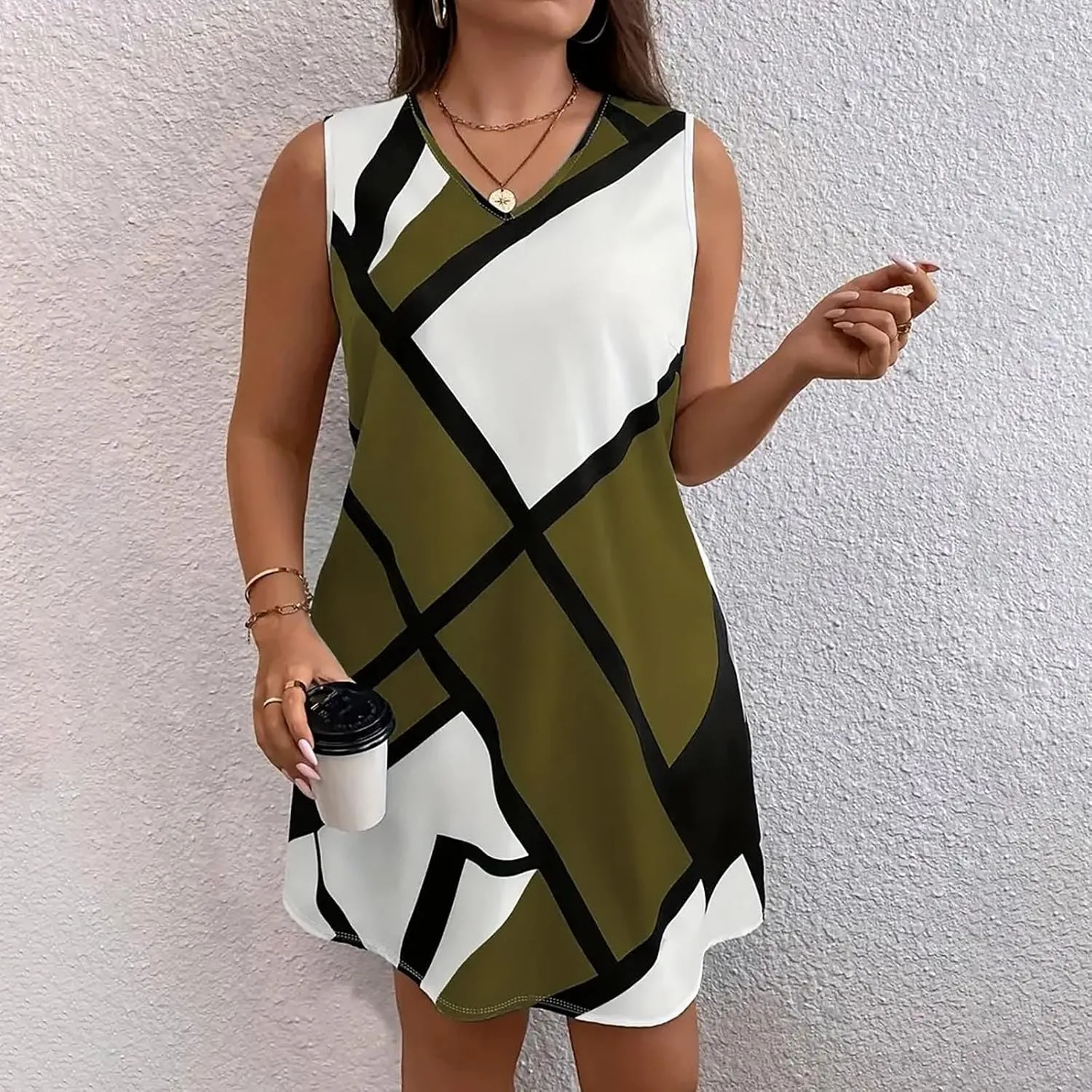 Womens Plus Size Mini Dress Fashion Print Dresses Sleeveless V Neck Loose Sundresses Beach Vacation Swim Cover Ups