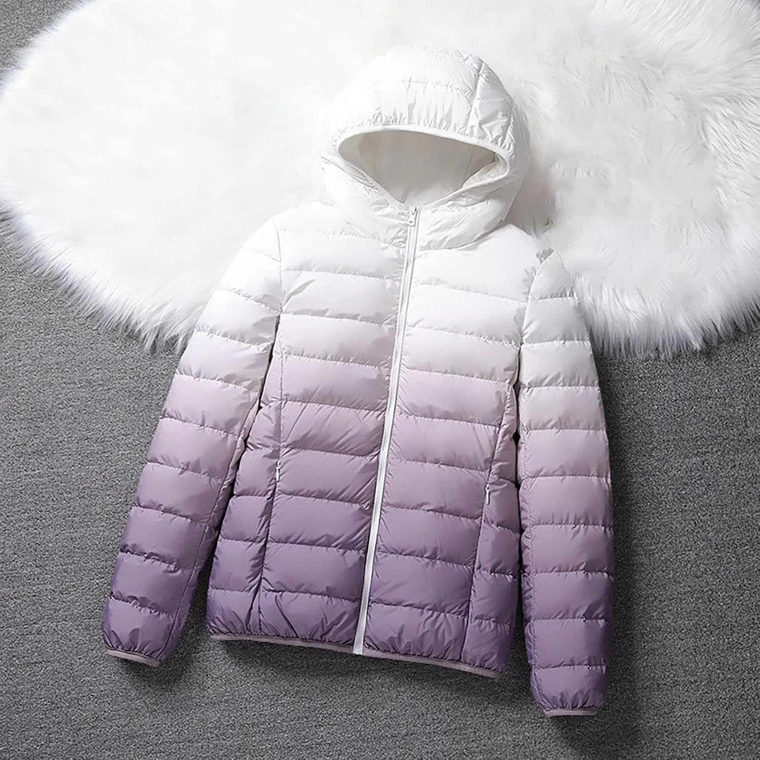 Women's Puffer Jacket With Hooded Full Zip Gradient Color Down Coats Loose Light Weight Quilted Jackets Trendy 2025