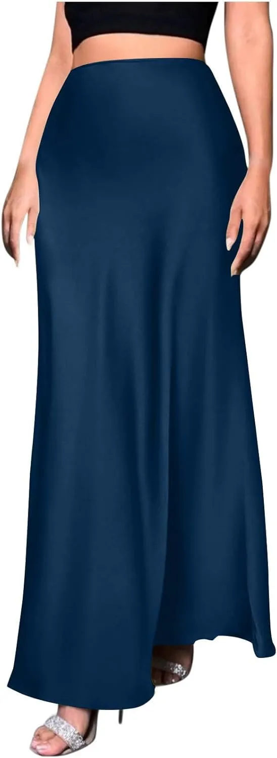 Women's Satin Maxi Skirts Solid Color A-Line Invisible Zipper Elegant Flowy Formal Skirt for Dating, Cocktail Party
