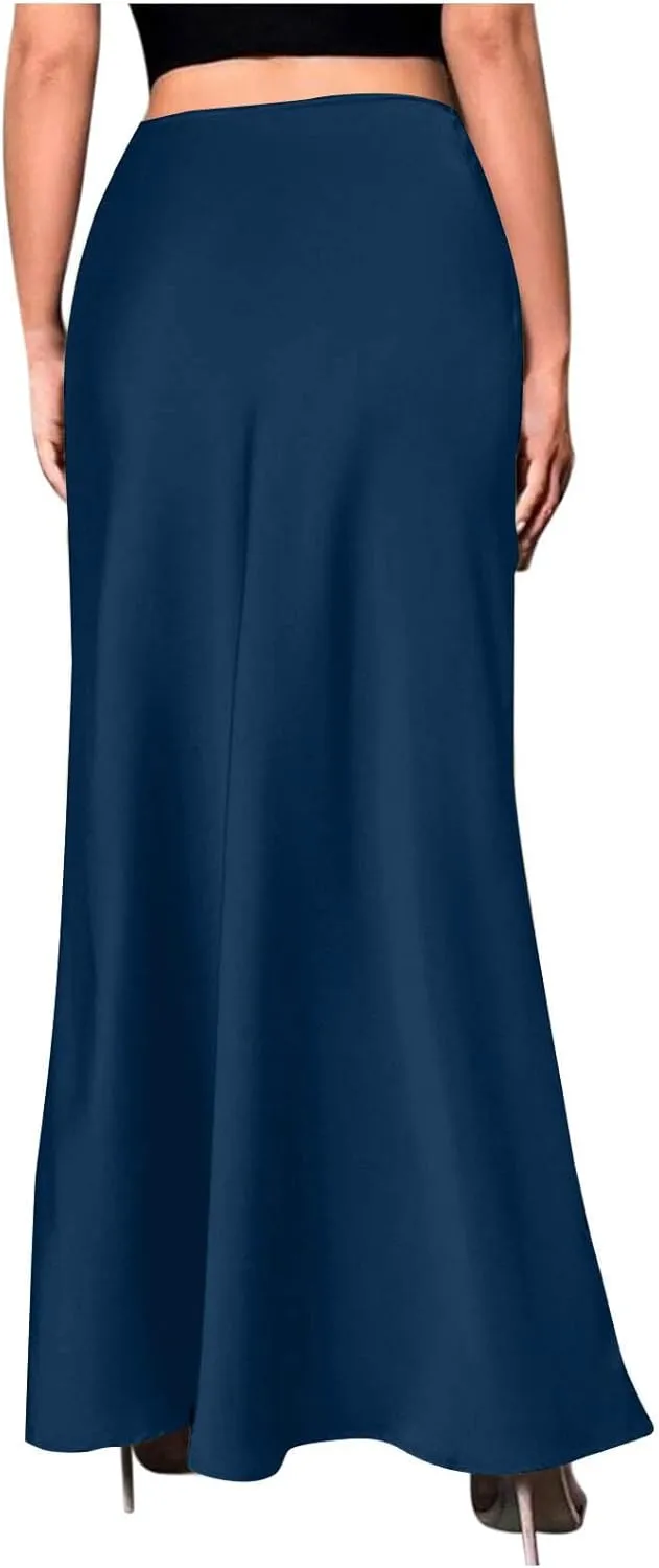 Women's Satin Maxi Skirts Solid Color A-Line Invisible Zipper Elegant Flowy Formal Skirt for Dating, Cocktail Party