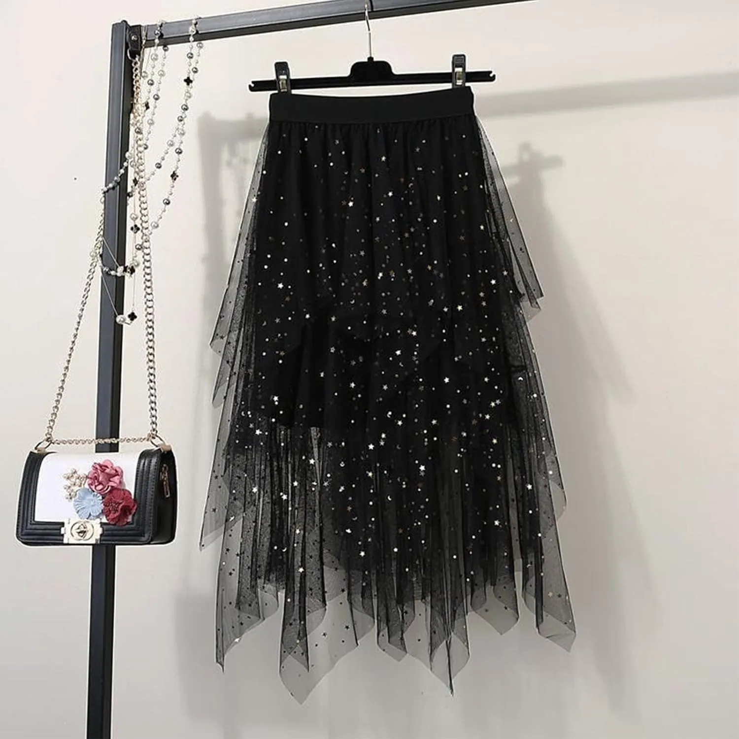 Women's Sequin Mesh Tulle Skirts High Low Layered A-line Skirt Midi Length Irregular Tutu Skirt for Women 2025