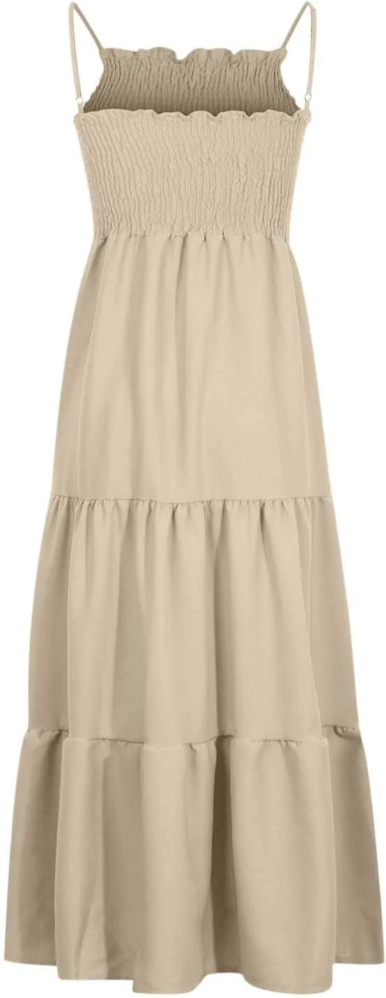 Women's Spaghetti Straps Maxi Dresses Smocked Sleeveless Summer Dress Ruffle Tiered Swing Flowy Boho Long Sundress