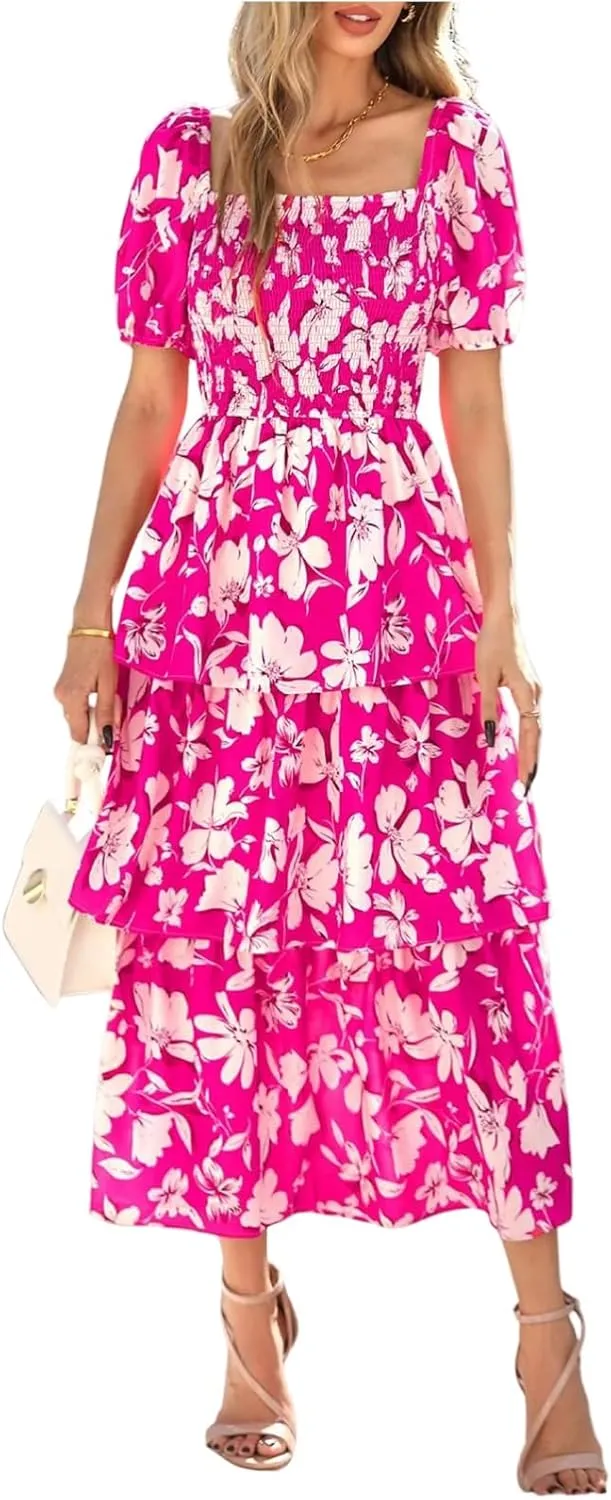 Womens Square Neck Smocked Dress Summer Puff Short Sleeve Floral Casual Ruffle Tiered Maxi Wedding Guest Dresses