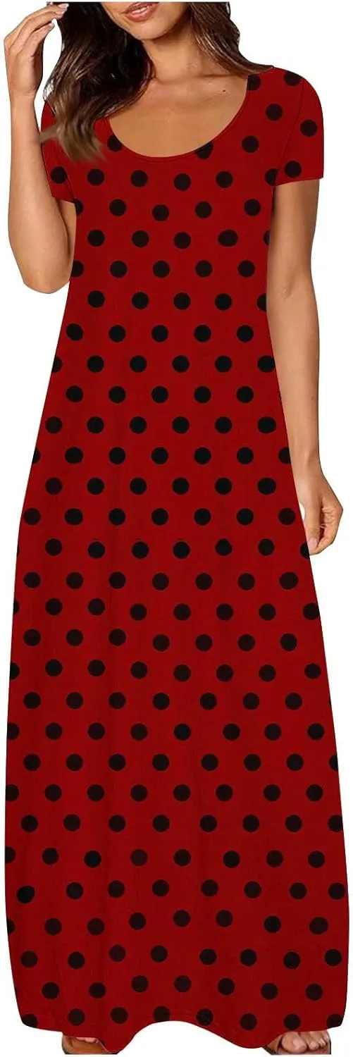 Women's Summer Maxi Dresses Boho Long T Shirts Dresses Plus Size Empire Waist Flowy Beach Dress Short Sleeve Sundress