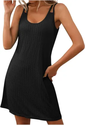 Womens Summer Sleeveless Mini Dress Fashion Casual Round Neck Short Dresses Beach 2025 Vacation Tank Sundresses