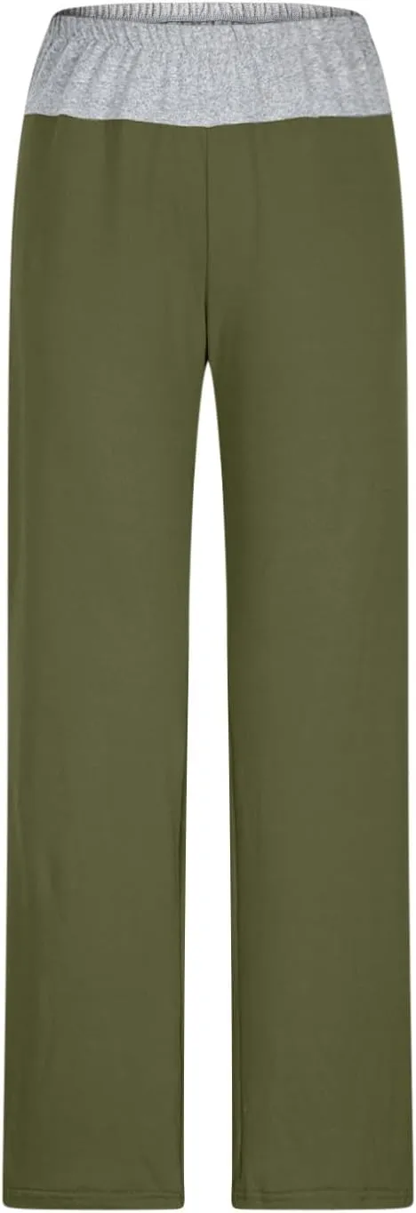 Womens Summer Sporting Pants Color Blocked Elastic Waisted Straight Leg Loose Breathable Lounge Trousers with Pockets