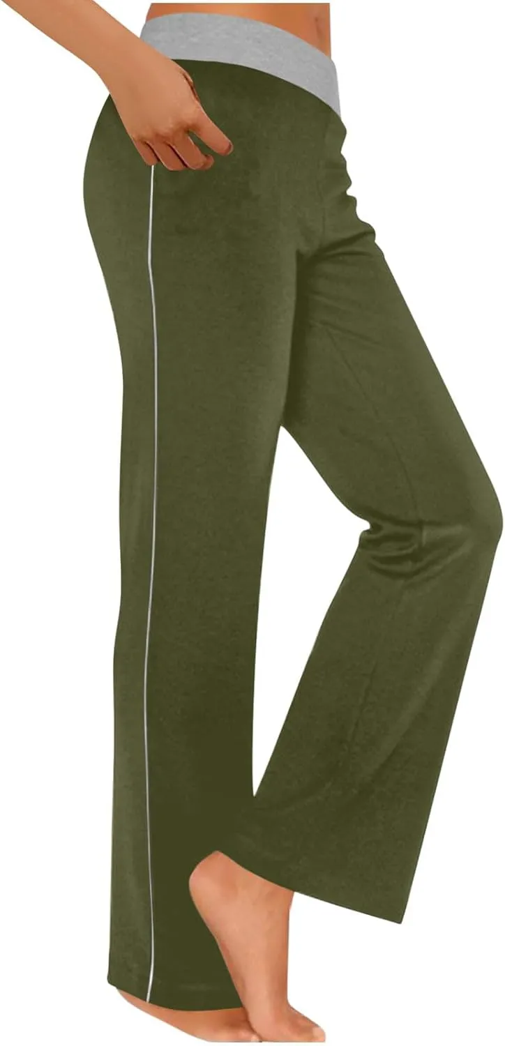 Womens Summer Sporting Pants Color Blocked Elastic Waisted Straight Leg Loose Breathable Lounge Trousers with Pockets
