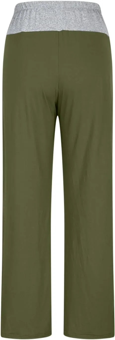 Womens Summer Sporting Pants Color Blocked Elastic Waisted Straight Leg Loose Breathable Lounge Trousers with Pockets