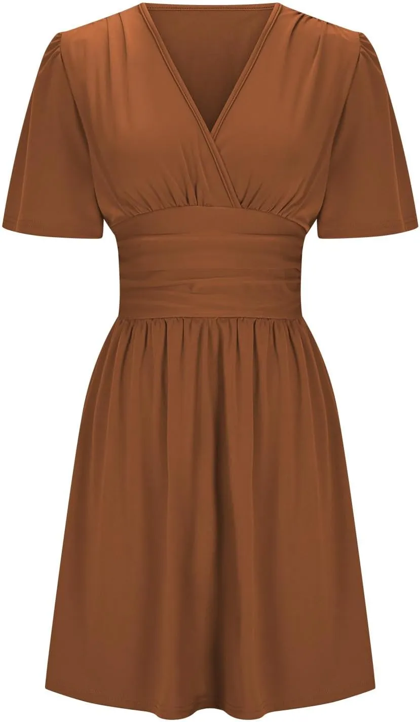 Womens Summer Wrap V Neck Midi Dress Short Sleeve Ruched A Line Causal Dress Beach Vacation Swing Short Dresses