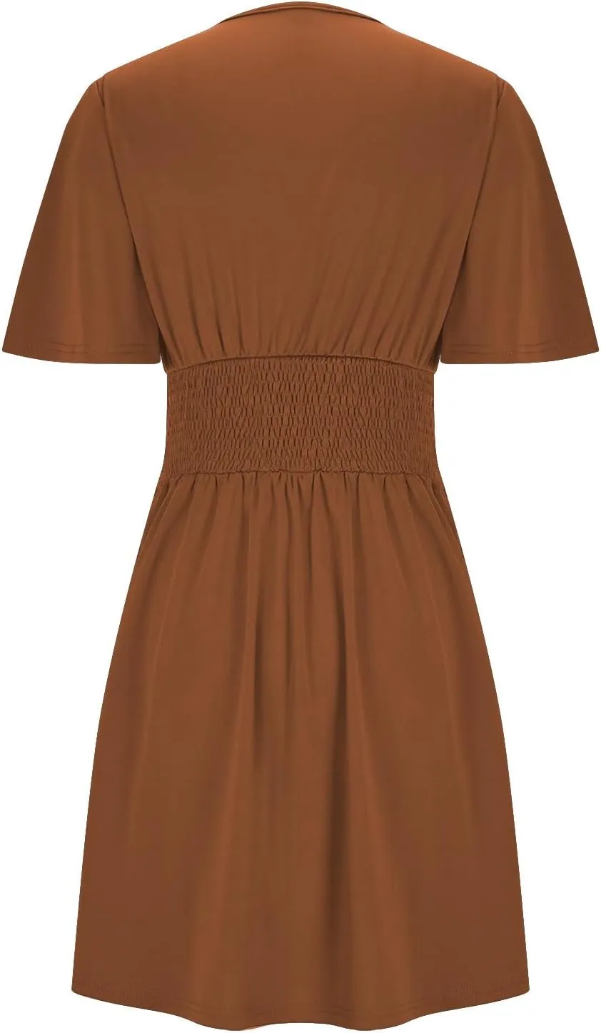 Womens Summer Wrap V Neck Midi Dress Short Sleeve Ruched A Line Causal Dress Beach Vacation Swing Short Dresses