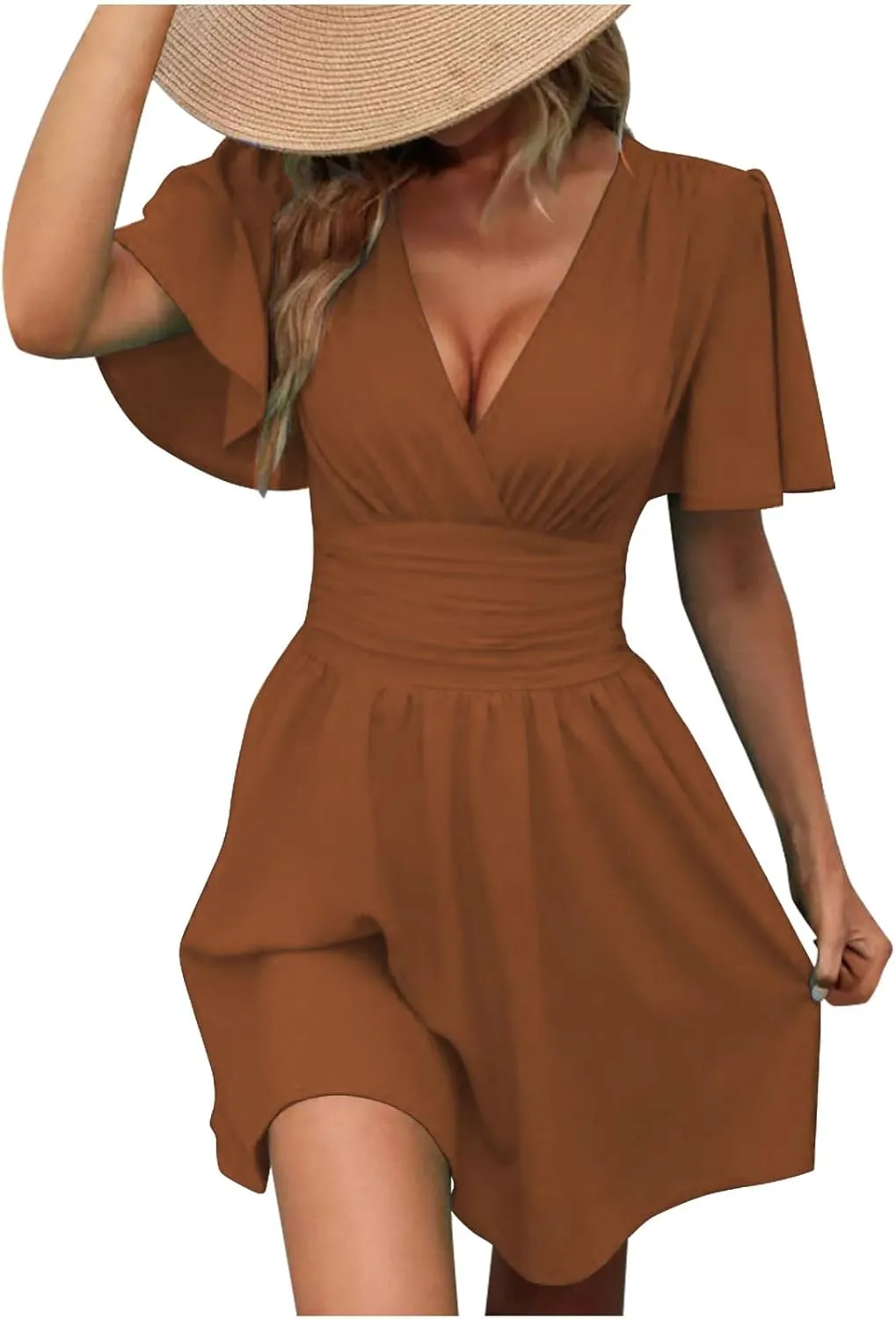 Womens Summer Wrap V Neck Midi Dress Short Sleeve Ruched A Line Causal Dress Beach Vacation Swing Short Dresses