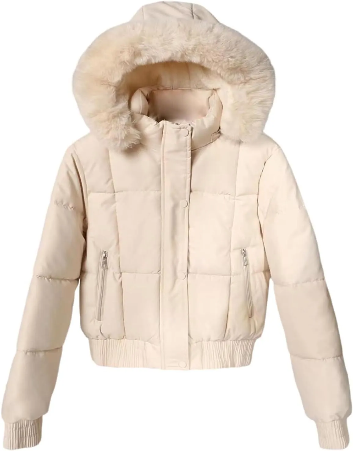 Womens Trendy Winter Jackets Casual Crop Quilted Puffer Coat Light Weight Long Sleeve Button Down Outerwear with Hood