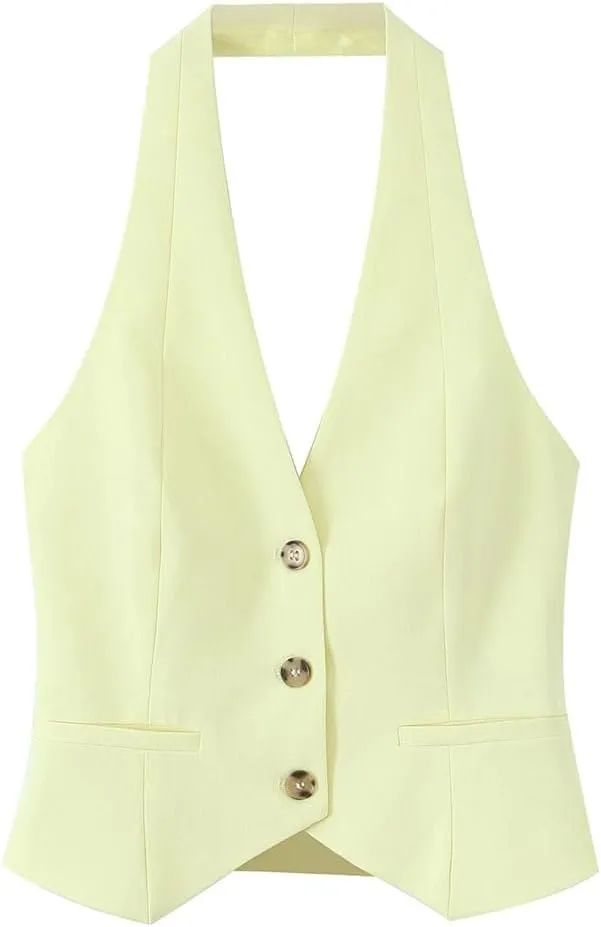 Women's Yellow Halter Neck Backless Sleeveless Sexy Vest Top Summer Casual Chic Streetwear